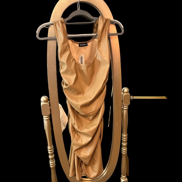 Faux Leather Sculpted Minidress, Tan, S6, NWT, Bodycon - Picture 7 of 8